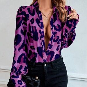 Clasi Fashion Leopard Print Puff Sleeve Shirt, Autumn